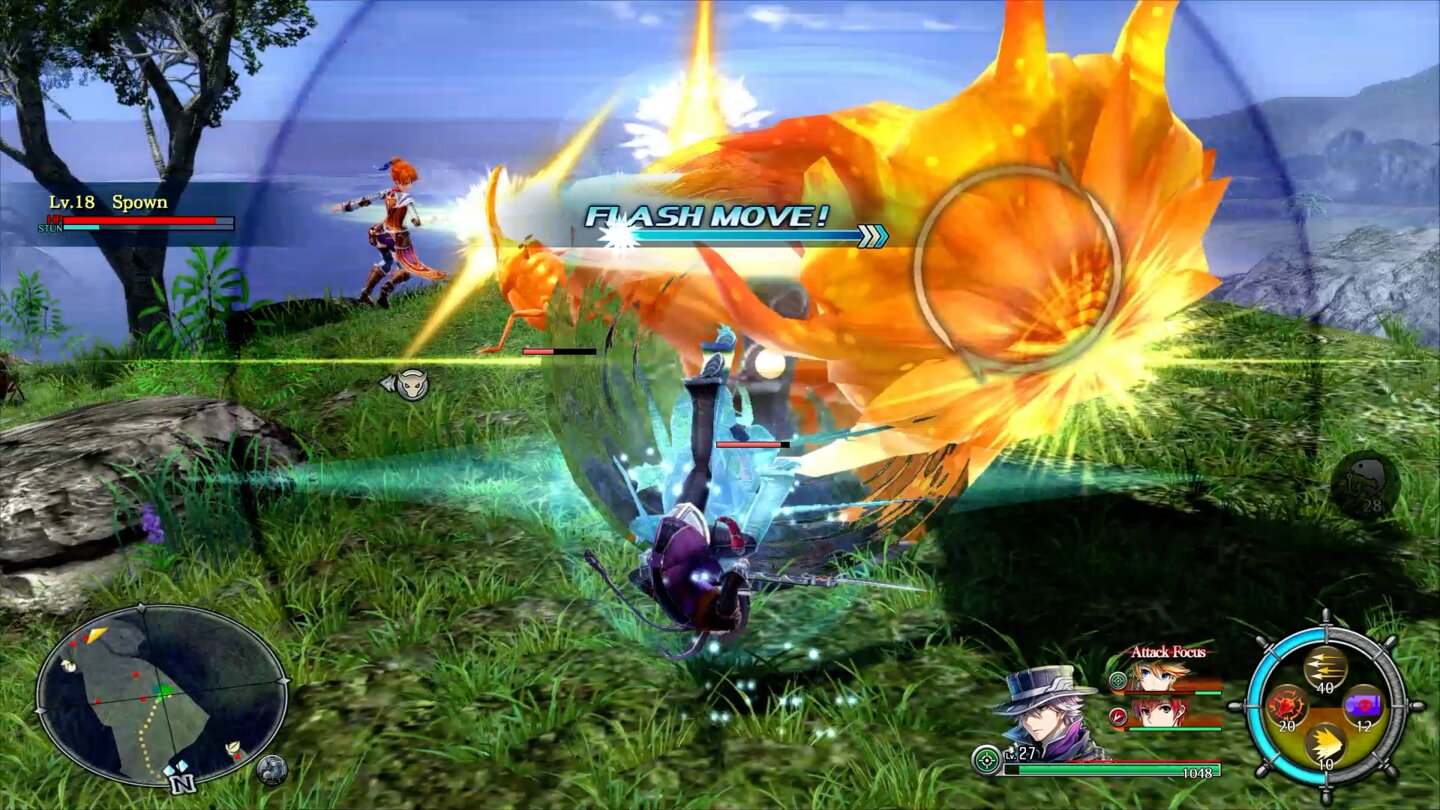 Ys 8: Lacrimosa of DanaHummel legt hier einen stylischen Flashmove hin. Wir sind also im richtigen Moment ausgewichen und haben etwas ausgelöst, was der Witchtime aus Bayonetta ähnelt. Das Spielgeschehen um uns herum verlangsamt sich, während wir für ein paar Sekunden bei normaler Geschwindigkeit agieren können.