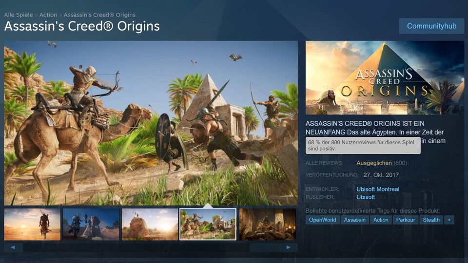 Während die internationale Presse größtenteils sehr hohe Wertungen für Assassin's Creed: Origins vergibt, war die Bewertung auf Steam wenige Stunde nach Release nur »Ausgeglichen«. Inzwischen gibt es aber tendenziell mehr positive Reviews.