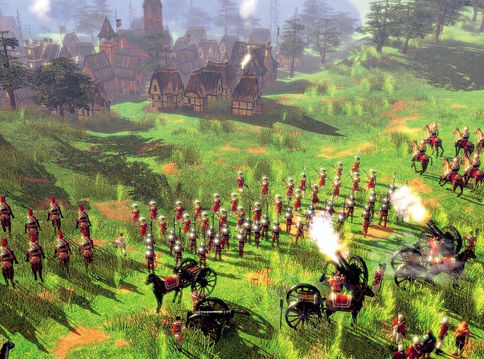 Kolonialgerangel: Mit Kavallerie und Kanonen greifen englische Truppen eine französische Siedlung an, die Geschütze sind jedoch auch gegen Infanteristen wirkungsvoll.