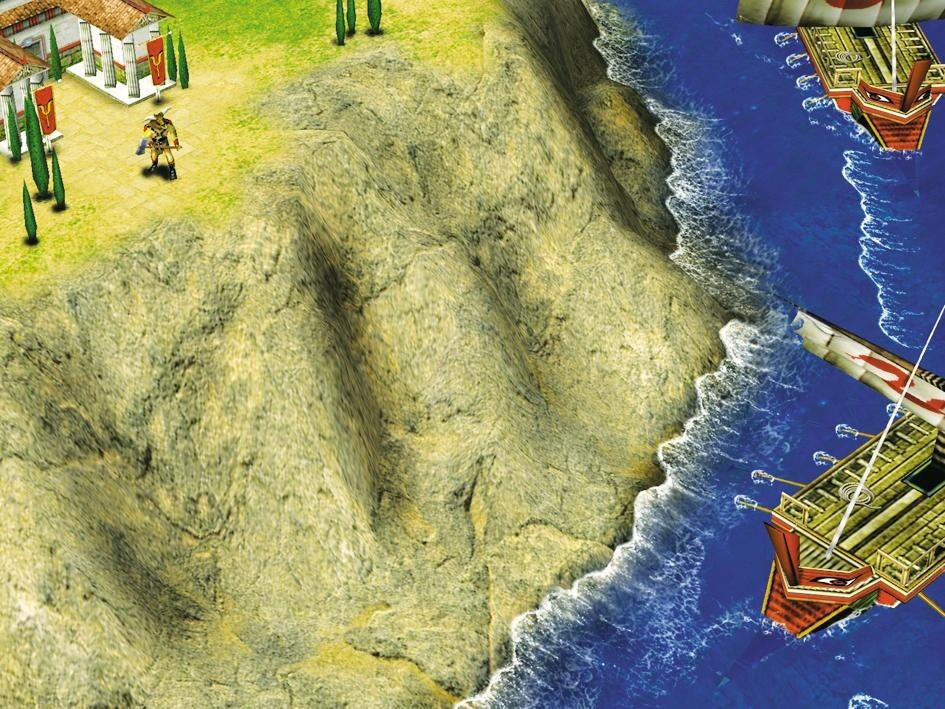Kriegsschiffe paddeln die Steilküste entlang. Ein grimmiger Minotaurus schiebt links oben für die Griechen Wache, um das Dorf im Hinterland zu schützen.