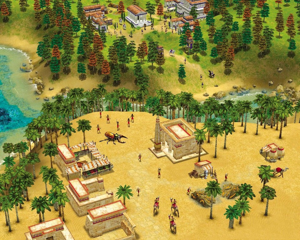 Tolles 3D-Terrain: Im Vordergrund sind die Ägypter fleißig mit Siedlungsaufbau und Goldschürfen beschäftigt. Die griechischen Nachbarn haben schon eine stattliche Armee aufgebaut und wagen sich bis zum Flussbett vor.