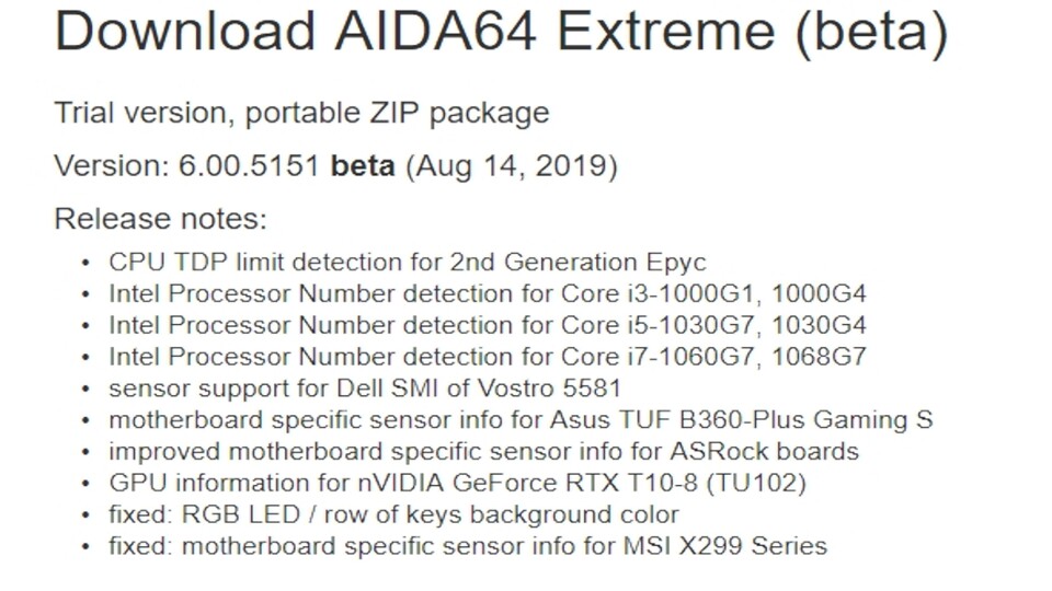 Release Notes von AIDA64 Extreme Version 6.00.5151 Beta.