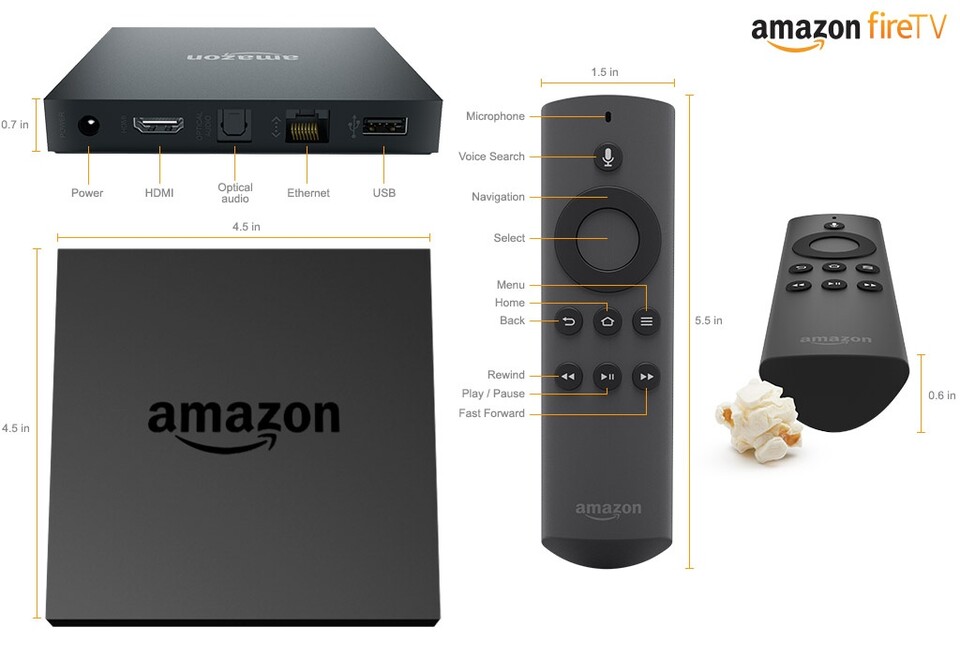 Amazon Fire TV : Anschlüsse und Maße von Amazon Fire TV.