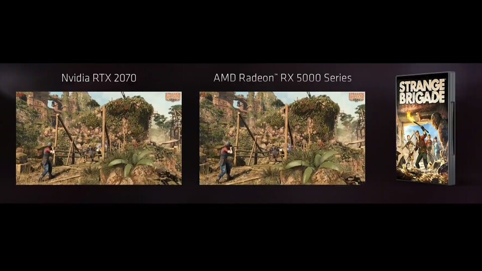 AMD zeigte einen Vergleichs-Benchmark der RX 5700 gegen die RTX 2070 nur im relativ unbekannten Spiel Strange Brigade - hier soll die Navi-Grafikkarte zehn Prozent schneller sein als die RTX 2070.