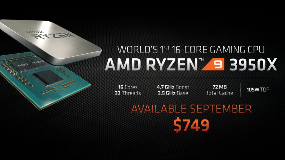 AMD enthüllte den Ryzen 9 3950X auf der E3 2019. In einem nun aufgetauchten Geekbench-Eintrag positioniert sich die CPU deutlich vor Intels 2.000 Euro teurem Core i9 9980XE.