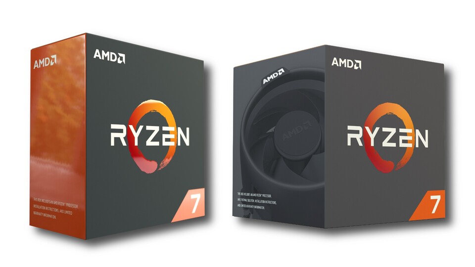 Links ist die Ryzen-Packung ohne Kühler zu sehen, rechts die mit dem überarbeiteten Wraith-Kühler. Für ein Boxed-Modell soll er relativ leise sein, zum Test stand er uns aber nicht zur Verfügung.