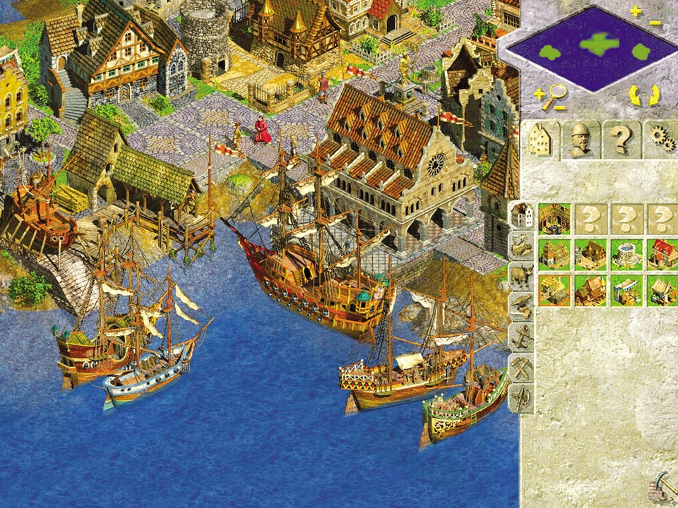 Kriegs- und Handelsschiffe versammeln sich im Hafen, um gemeinsam Güter zu einer Nachbar-Insel zu transportieren; links sehen Sie einen Ihrer Pötte im Dock.
