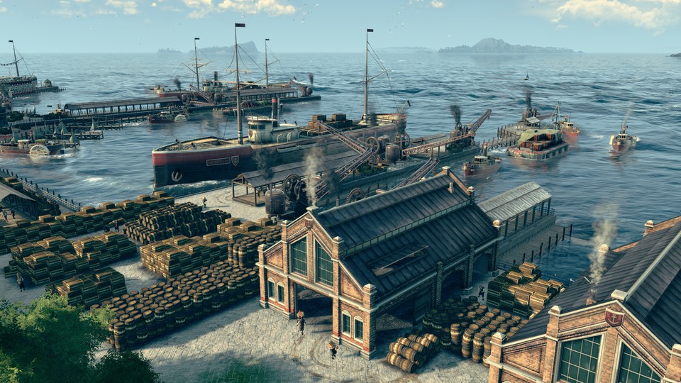 Im Hafen von Anno 1800 werden dank Multiplayer-Modus auch Schiffe anderer Spieler anlegen.