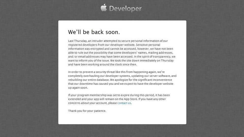 Das Apple Entwickler-Portal wurde am Donnerstag letzter Woche gehackt.