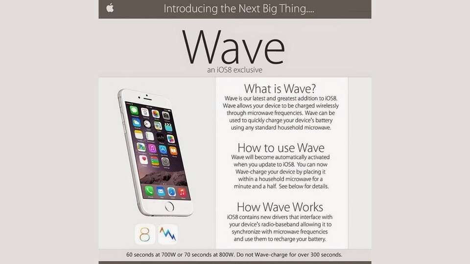 Diese Fake-Werbung zu iOS 8 Wave setzt die »Tradition« fort, Apple-Produkten unglaubliche Fähigkeiten zuzuschreiben und Nutzer damit hinters Licht führen zu wollen.