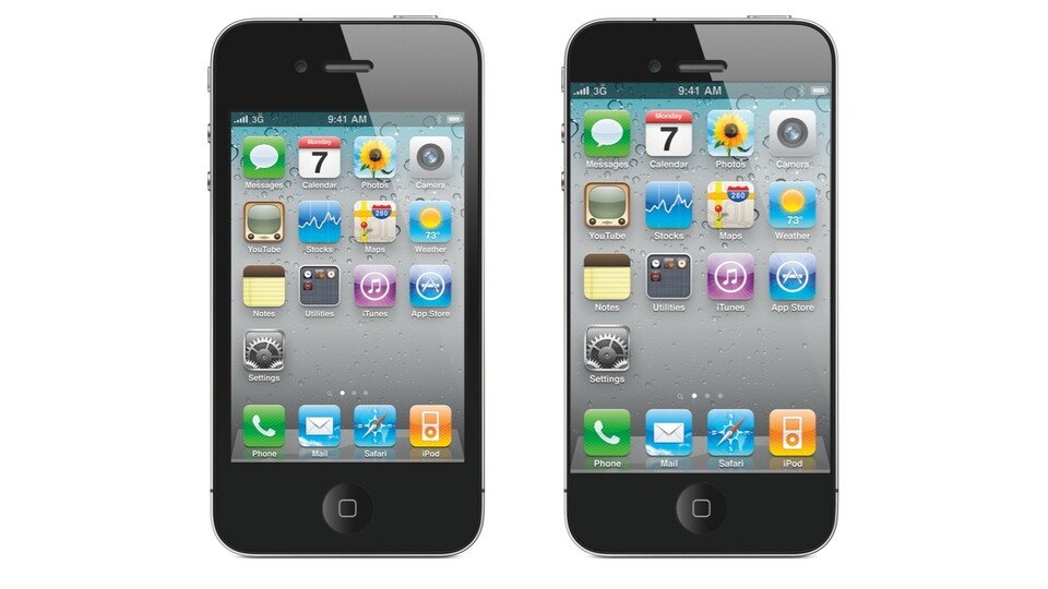 Links das iPhone 4 und rechts das mögliche iPhone 5 mit gleichem Design, aber vergrößertem Display.