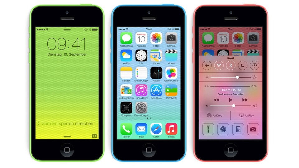 iOS 7 wird auf den 2013er-Modellen iPhone 5S und 5C (im Bild) vorinstalliert. Neu ist neben dem Design auch das Kontrollzentrum (rechts).
