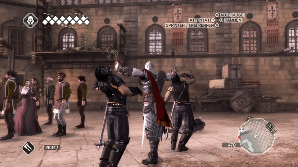 Mit seinen Armklingen schaltet Ezio zwei neugierige Stadtwachen gleichzeitig aus.