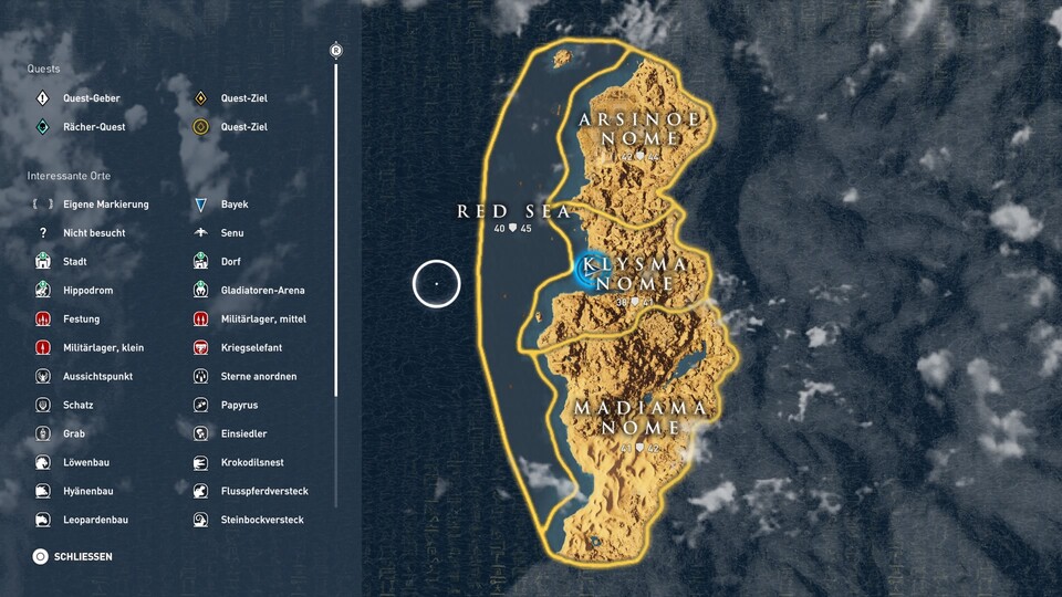 Die Karte der neuen Region: Links das rote Meer, rechts das Gebirge.