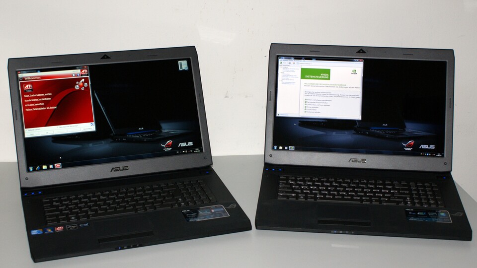 Asus G73 mit Mobility Radeon HD 5870 (links) und mit Geforce GTX 460M (rechts).