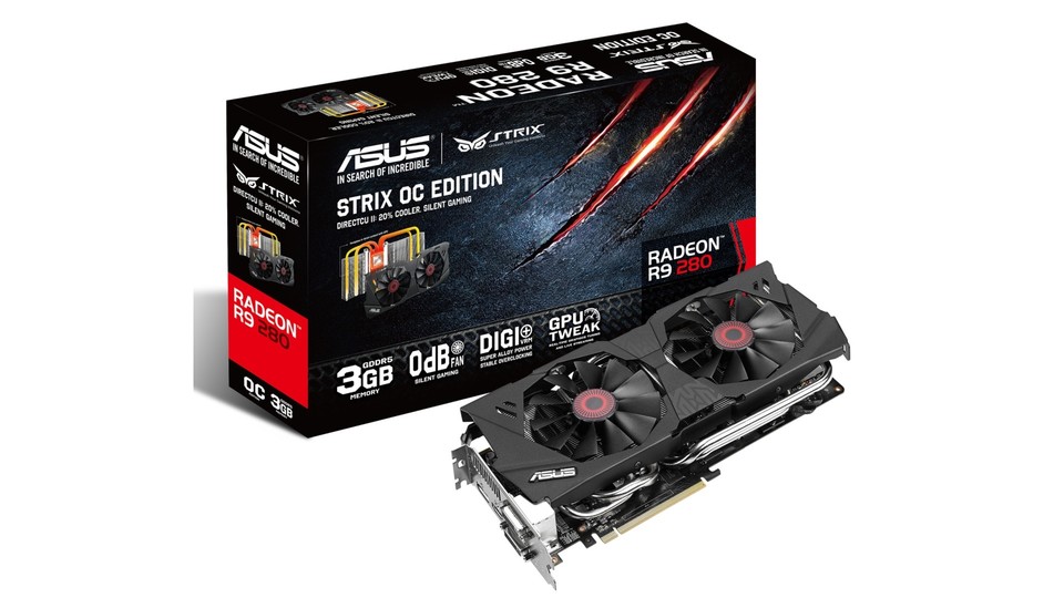 Die Asus Strix R9 280 läuft wie das Gegenstück Asus Strix GTX 780 lautlos, solange die GPU unter 65 Grad bleibt.