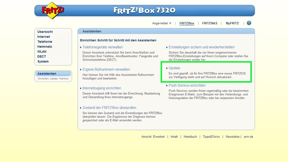 Ob für Ihre Fritzbox ein Update bereitsteht, sehen sie unter dem Punkt Update.