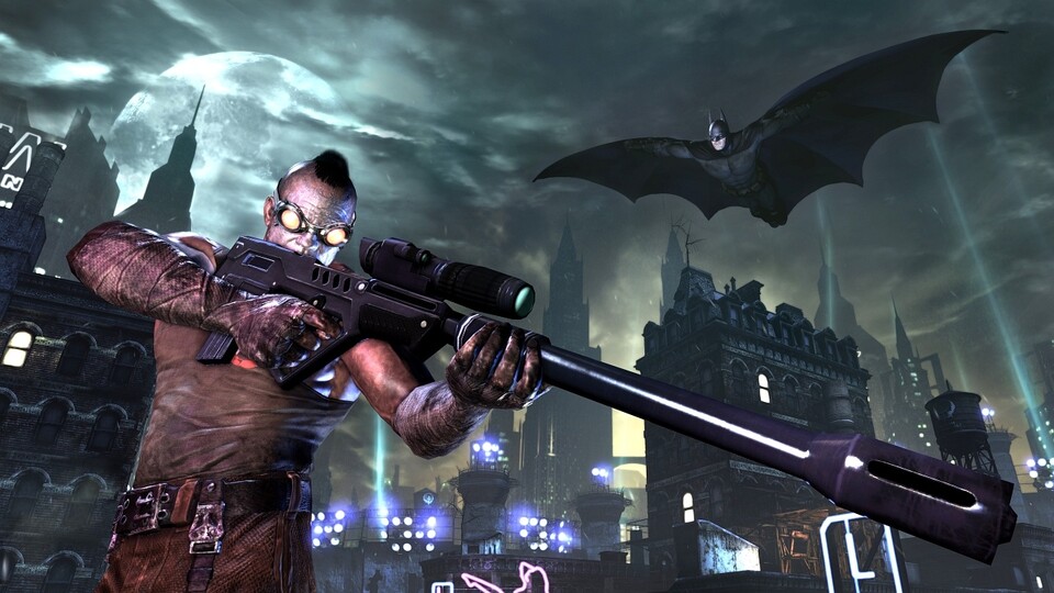 Um schnell in Batman: Arkham City von A nach B zu kommen, kann sich der Dunkle Ritter an Hubschrauber hängen.