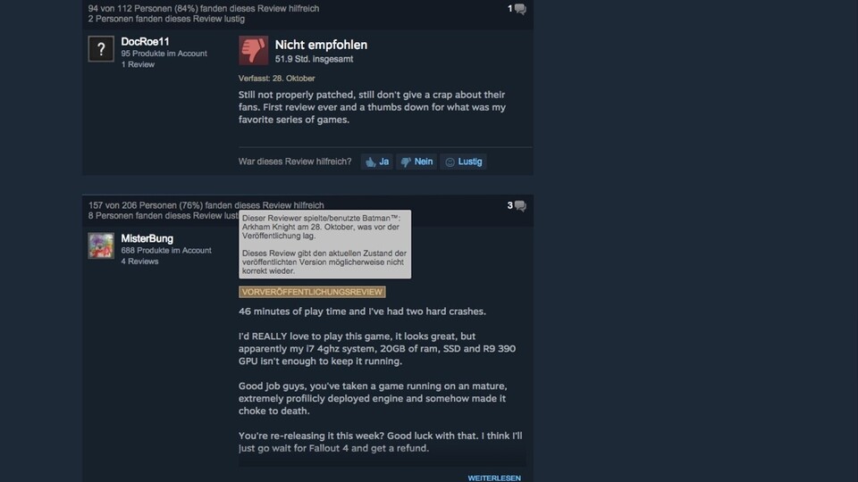 Screenshot von zwei User-Reviews für Batman: Arkham Knight - der ältere ist markiert als »Vorveröffentlichungsreview«