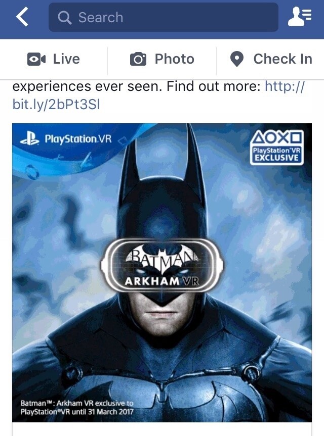 Diese Facebook-Werbung deutet darauf hin, dass Batman Arkham VR wohl auch für andere VR-Systeme erscheinen könnte.