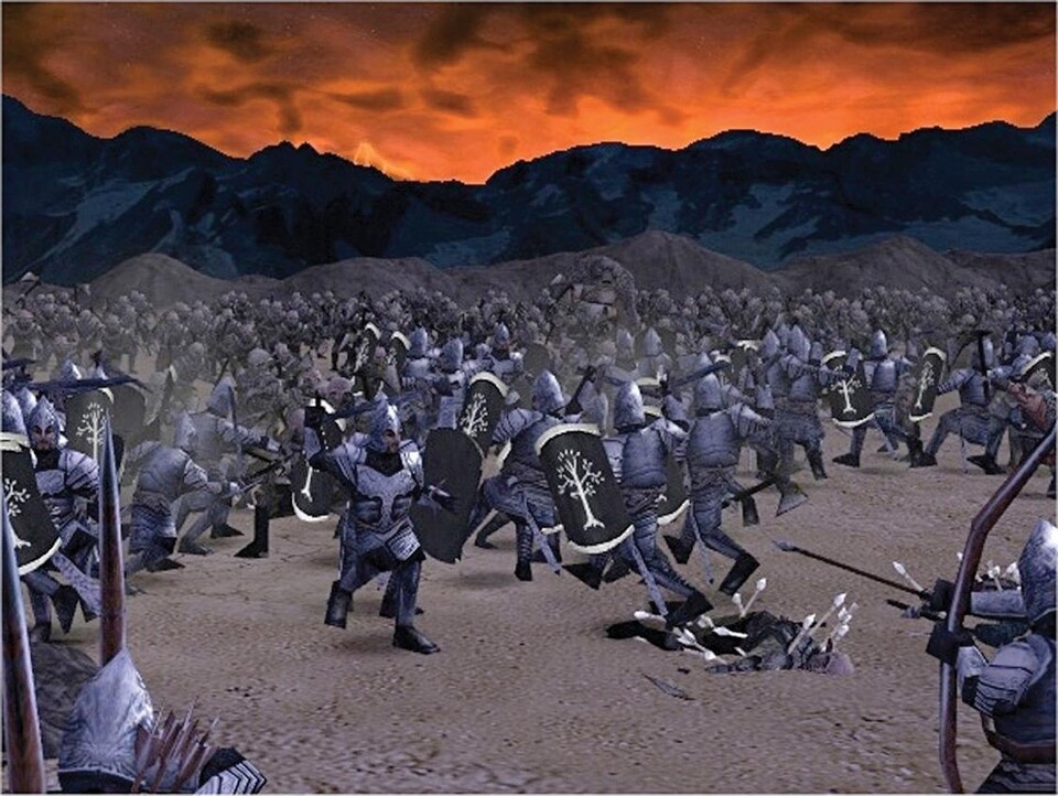 Schlacht in Mordor: Etliche Ritter von Minas Tirith sind schon mit Pfeilen gespickt.