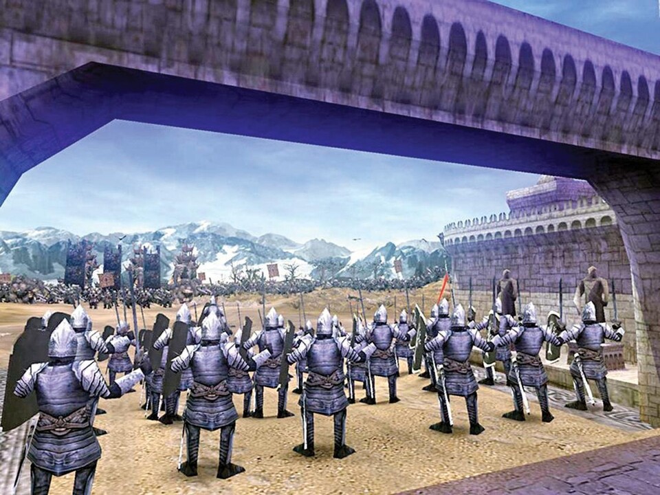 Gondors Schwertkämpfer schützen eine Festung vor den Ork-Invasoren.