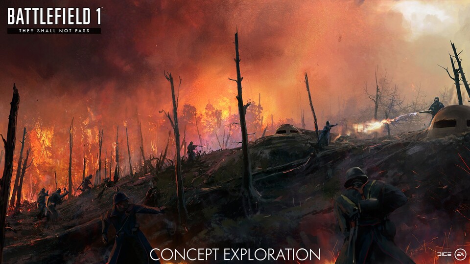 Die neuen Schlachtfelder von Battlefield 1 im DLC »They Shall Not Pass« werden mit großen Waldbränden beginnen.