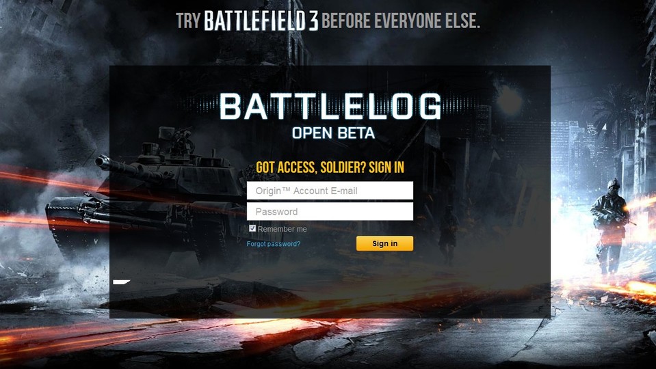 Der vermeintliche Login-Bildschirm der Battlefield 3-Beta im Battlelog.