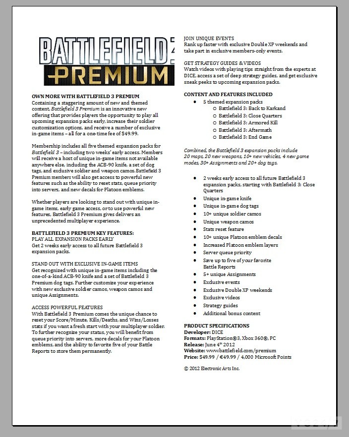 Fact Sheet zu Battlefield 3 Premium (Quelle: vg247.com)