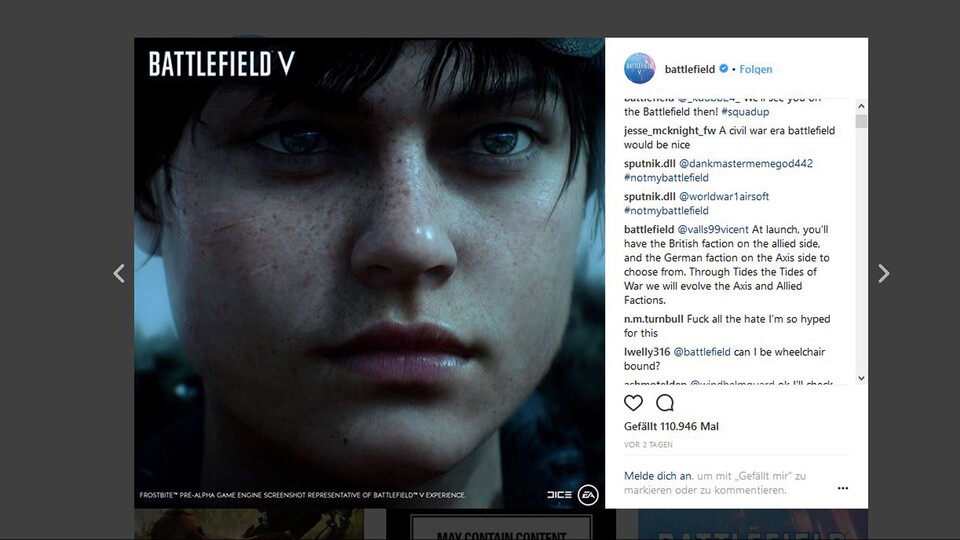 Battlefield 5 bei Instagram: Hier bestätigt ein Mitarbeiter die beiden spielbaren Parteien zum Launch.