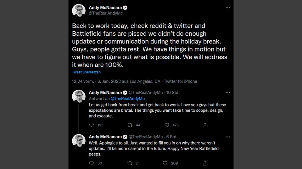 Mit diesen (mittlerweile gelöschten) Tweets sorgte Andy McNamara für einigen Gesprächsstoff unter Battlefield-Fans.