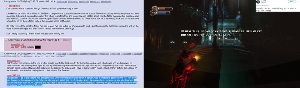 Links sieht man die Nachricht des User und möglichen Entwicklers von Bioshock 2 und rechts den Bug-Text. 