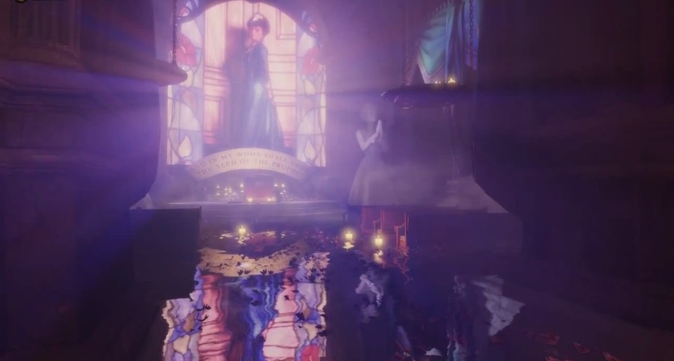 Um in Bioshock Infinite aus der Kirche herauszukommen, die gleichzeitig als Landedock für Bookers Raketenaufzug dient, muss sich der Protagonist einer unfreiwilligen Taufe unterziehen. 