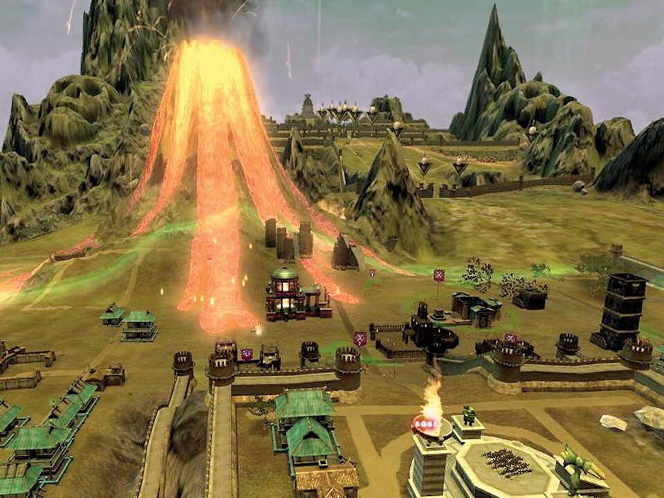 Der Gegner hat einen Vulkan beschworen, die Lava droht die Siedlung zu zerstören.