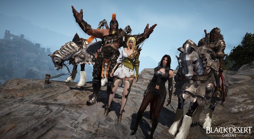 Eine typische Gruppe in Black Desert Online, bestehend aus Berserker, Schwarzmagierin, Waldläuferin und Krieger.