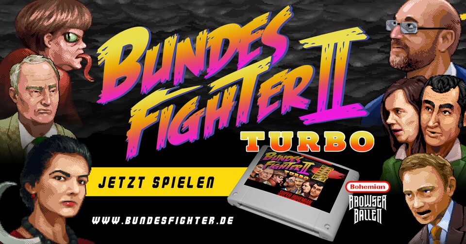 In Bundesfighter 2 Turbo kämpfen Angela Merkel (CDU), Martin Schulz (SPD), Alexander Gauland (AfD), Sahra Wagenknecht (Die Linke), Christian Lindner (FDP) sowie Cem Özdemir und Katrin Göring-Eckardt (Grüne) gegeneinander.