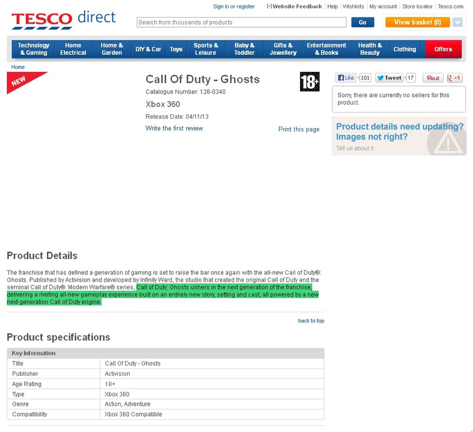 Call of Duty: Ghosts wurde auf der Onlineshopping-Seite des Supermarktriesen Tesco gesichtet.