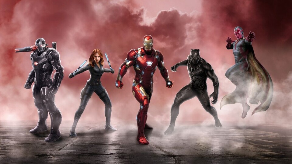 Konzeptposter zu Captain America 3 zeigt Team Iron Man mit War Machine, Black Widow, Black Panther und Vision.