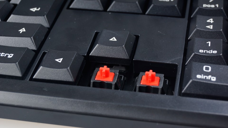 Hier zu sehen: rote, lineare Schalter vom Marktführer Cherry in einer hauseigenen Office-Tastatur.