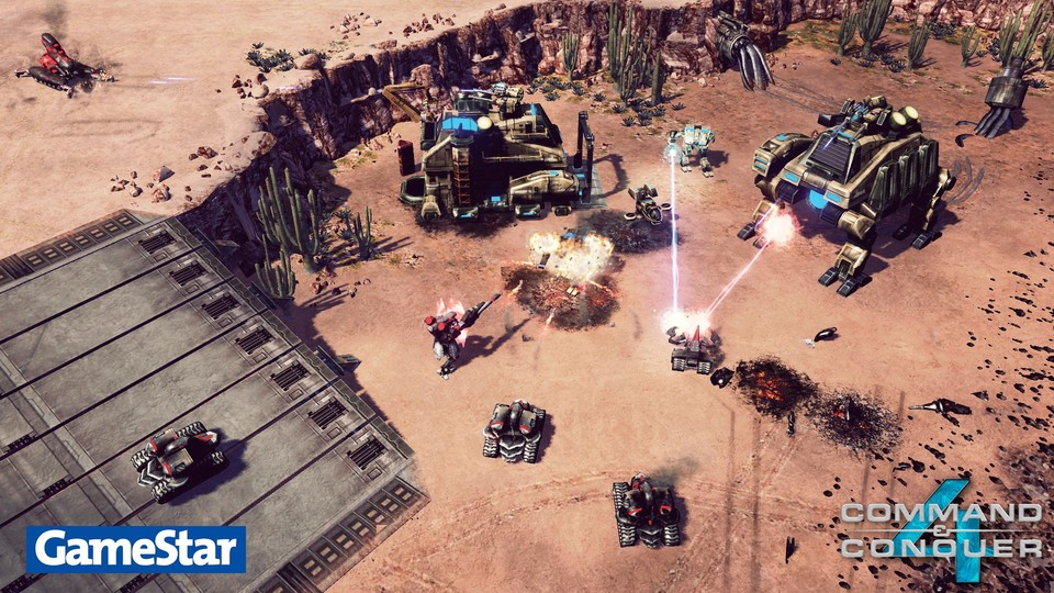 Two GDI Crawlers are defending themselves against Nod attackers. This scene might show the co-op mode of Command & Conquer 4, where two players play the campaign together.