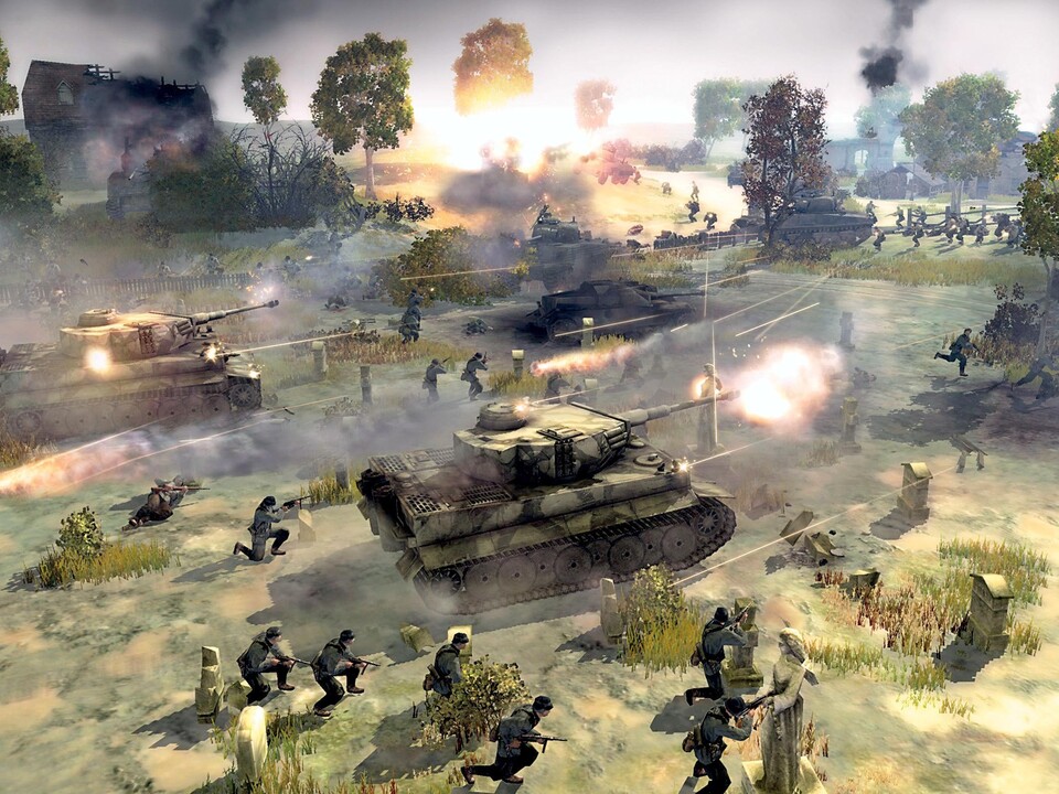 Die gewaltige Schlacht zeigt: Grafisch muss sich Company of Heroes nicht vor Actionspielen verstecken, Tanks und Soldtaten wirken extrem realistisch.