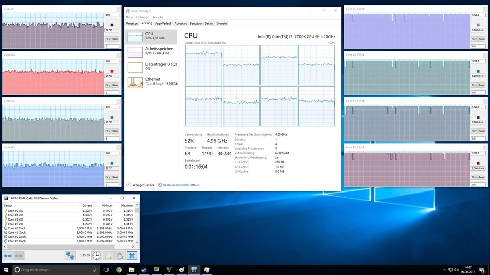 Unser Testexemplar des Core i7 7700K lässt sich recht gut übertakten: Im offenen Testaufbau mit Noctua NH-D15-Kühler können wir bei einer Spannungserhöhung um 0,1 Volt stabil mit 5,0 GHz auf allen Kernen spielen (in diesem Fall GTA 5), auch die Temperaturen bleiben dabei in unkritischen Bereichen.