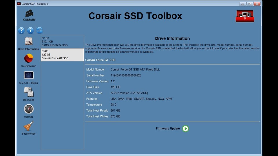 Die Corsair SSD Tool Box steht auf der Corsair-Homepage zum Dowload bereit. Neben dem Auslesen von technischen Daten der SSD bietet die Software auch die Möglichkeit zum Firmware-Update und dem Spiegeln von Daten.