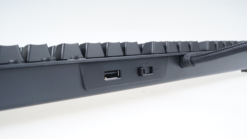 Rückseite : Auf der Rückseite der Tastatur finden sich ein USB-2.0-Port und ein Schalter zum Wechsel der Abtastrate in fünf verschiedenen Stufen.