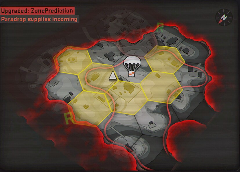 Die Übersichtskarte zeigt die kleiner werdende Zone, gelbe Hexfelder bedeuten Spieleraktivitäten in der Umgebung.