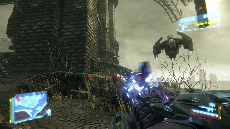 Zwei Multiplayer-Neuerungen auf einen Blick: In unseren Händen eine Alien-Waffe und in der Luft eines der automatisch um die Schlacht kreisenden Flugdinger.