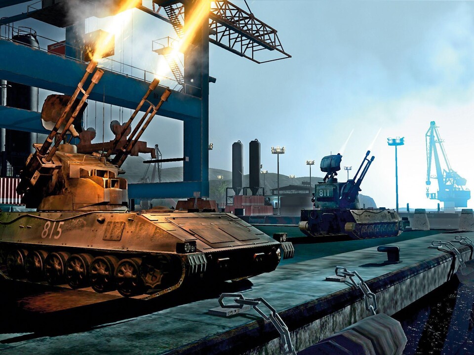 Schwerbewaffnete Panzer verteidigen diese Hafenanlage gegen überraschende Angriffe der Aliens.