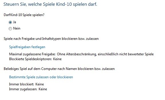 Der Punkt »Spiele« bietet die Möglichkeit, ihrem Kind die Nutzung von Spielen zu untersagen oder zu erlauben und dabei Einschränkungen zu machen. 