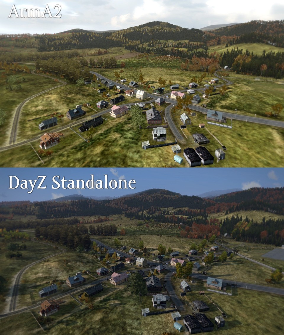 Die neue Beleuchtung der Stand-Alone-Version von DayZ im Screenshotvergleich mit der Original-Karte aus ARMA 2.