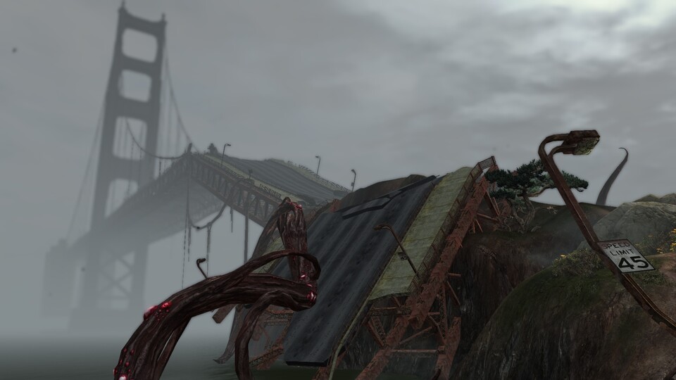 Die weltberühmte Golden Gate Bridge liegt teilweise in Trümmern und wird von einem nahezu unbezwingbaren Mech bewacht.